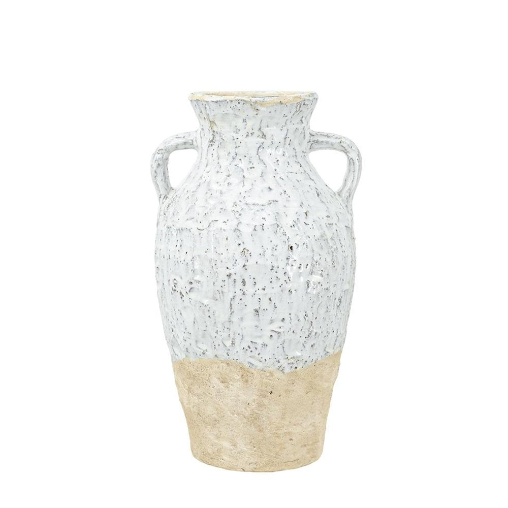 14" Beige And Ivory Color Block Amphora Terracotta Table Vase