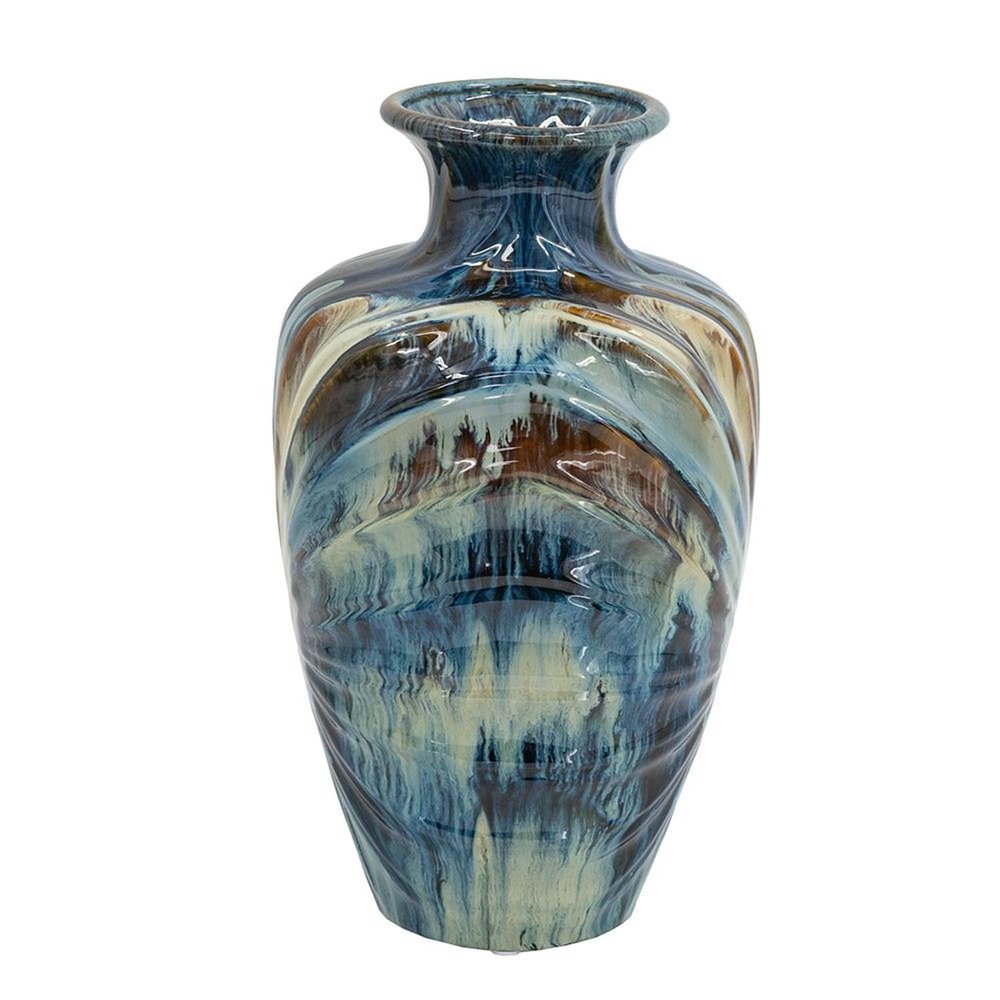 16" Ivory and Blue Ceramic Abstract Round Table Vase
