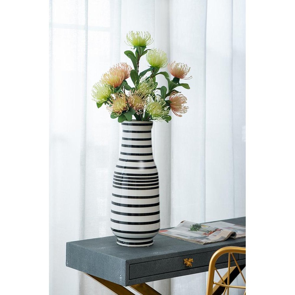 18" Black And White Hand Painted Stripe Ceramic Table Vase