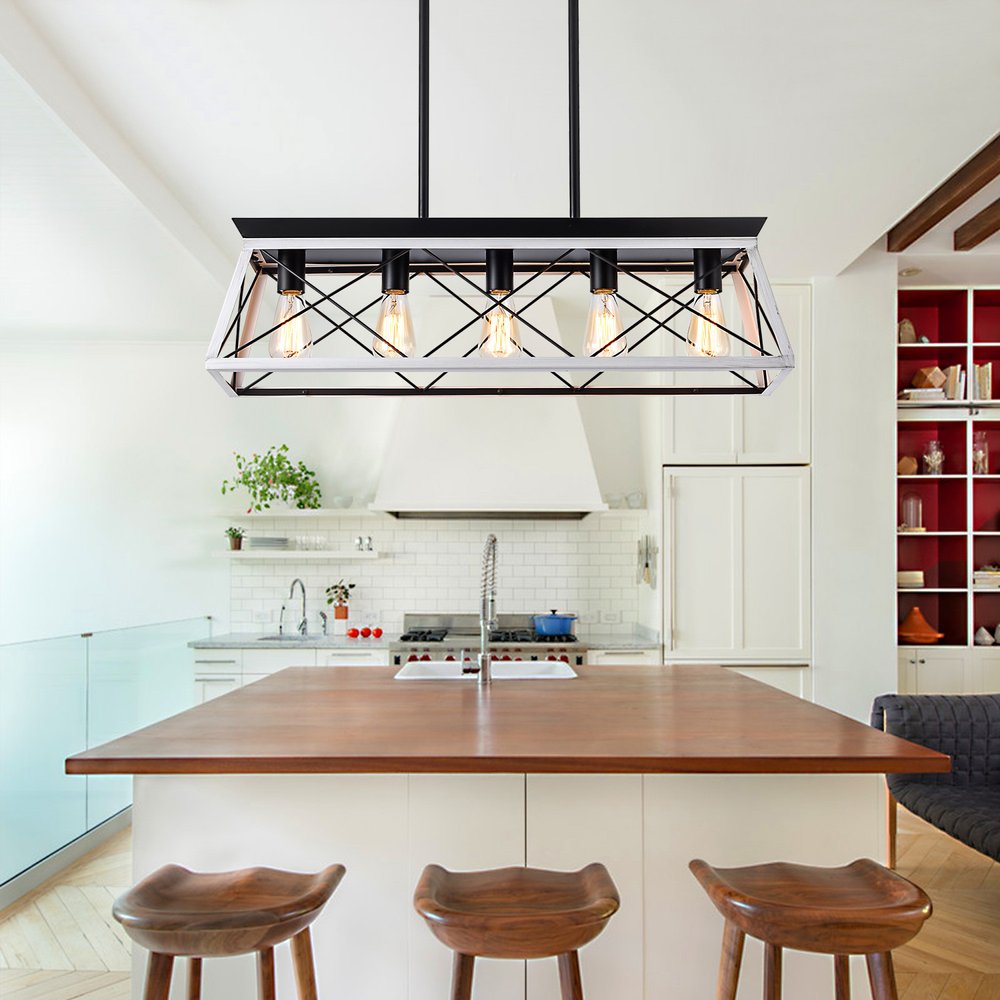 White Five Light Metal Chandelier With White Shades