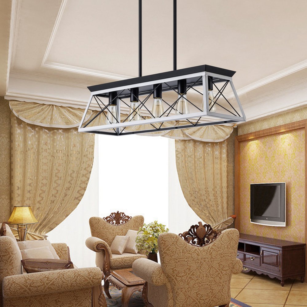 White Five Light Metal Chandelier With White Shades