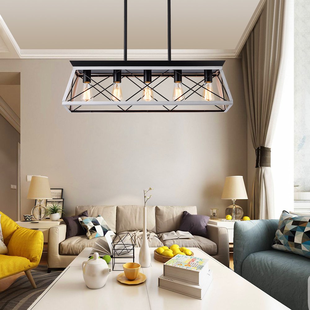 White Five Light Metal Chandelier With White Shades