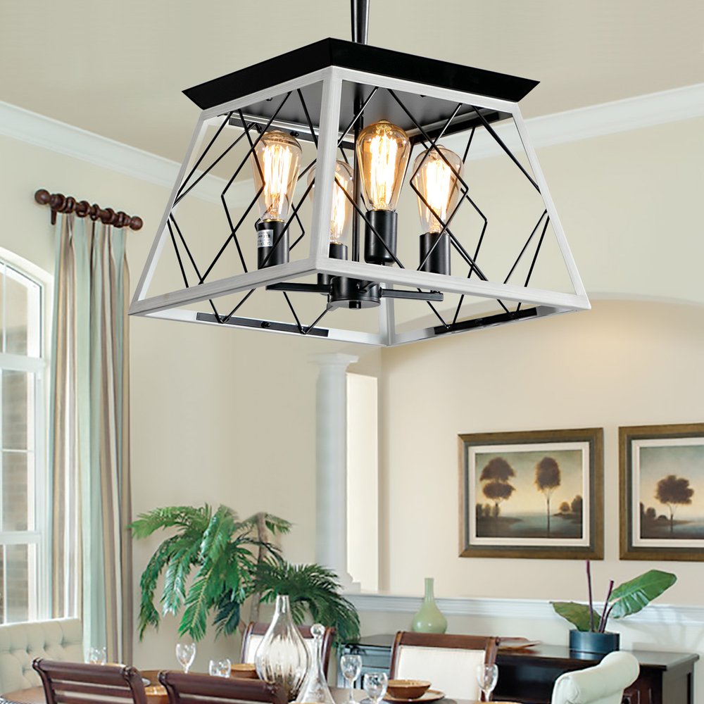 White Four Light Metal Chandelier With White Shades