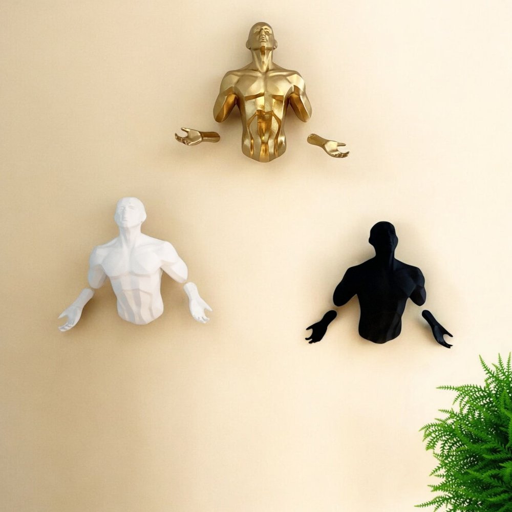 Set of Three Black Gold And White Resin Bursting Men Hanging Dimensional Sculpture