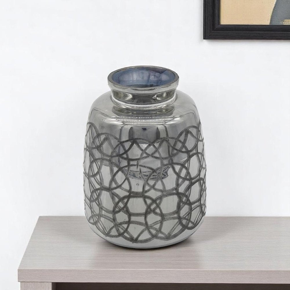 9" Dark Gray Geometric Etched Glass Table Vase