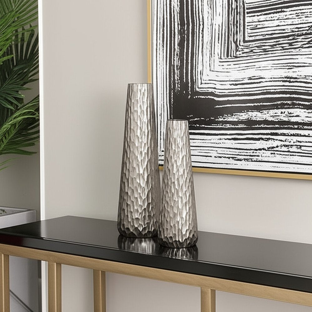 Set of Two Silver Cast Aluminum Textured Table Vases