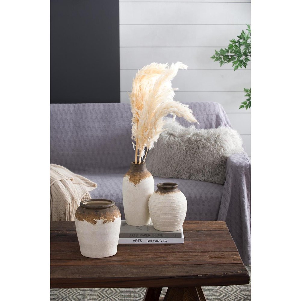 8" Brown And White Color Block Ceramic Round Table Vase