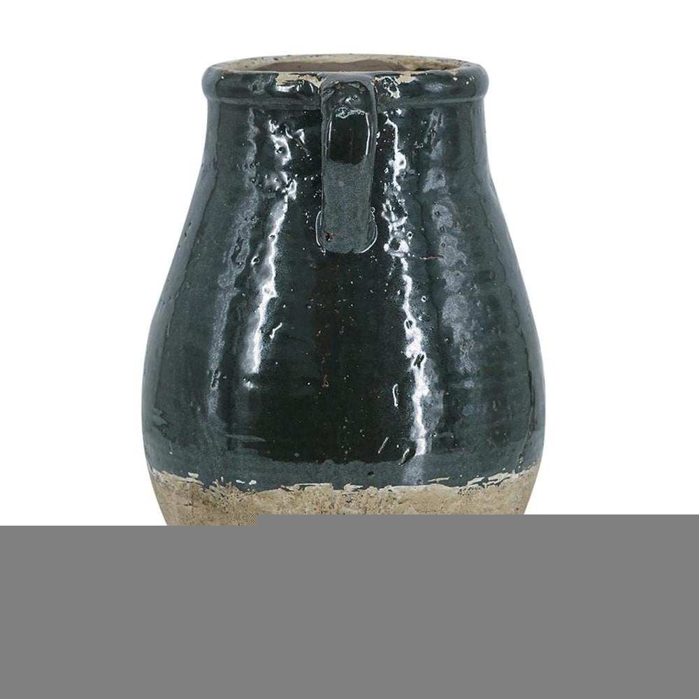13" Forest Green And Sand Color Block Terracotta Round Jug Vase