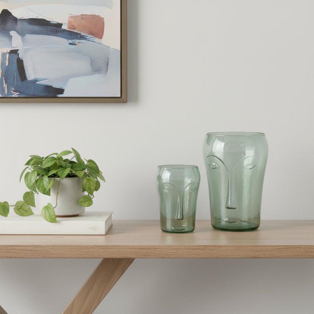 Set of Two Light Green Glass Modern Abstract Faces Table Vases