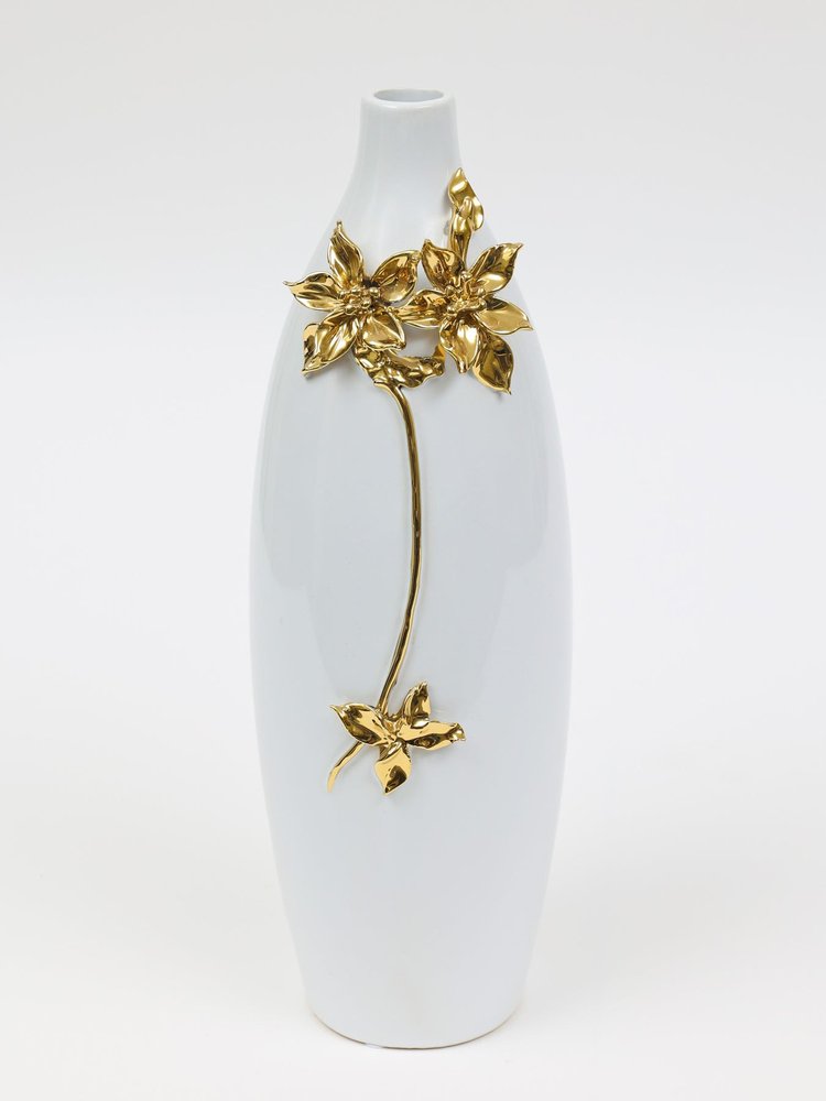 18" Gold Floral Oval Ceramic Table Vase With Sculptural Details