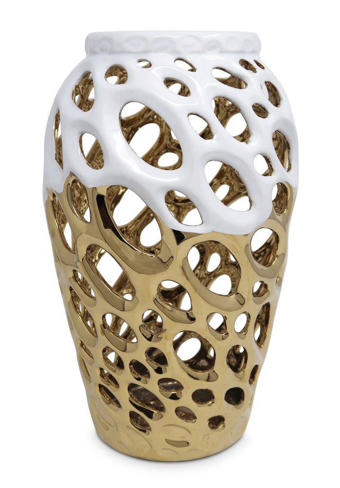 13" Gold And White Pierced Urn Porcelain Table Vase With Sculptural Details