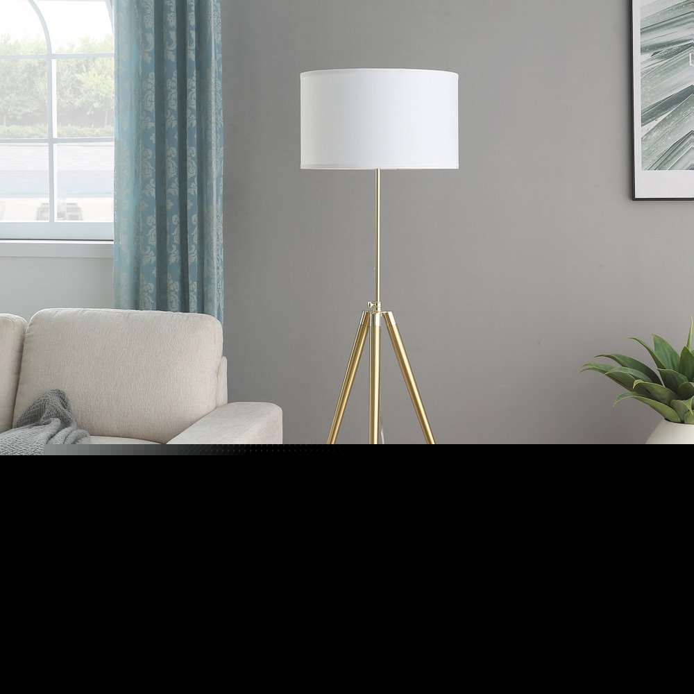 Gold Metal Adjustable Tripod Floor Lamp With White Linen Drum Shade