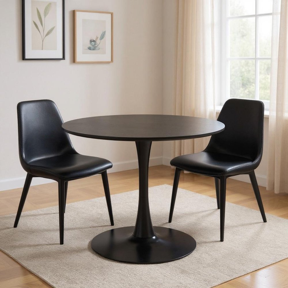 36" Black Wood and Steel Pedestal Base Round Top Dining Table
