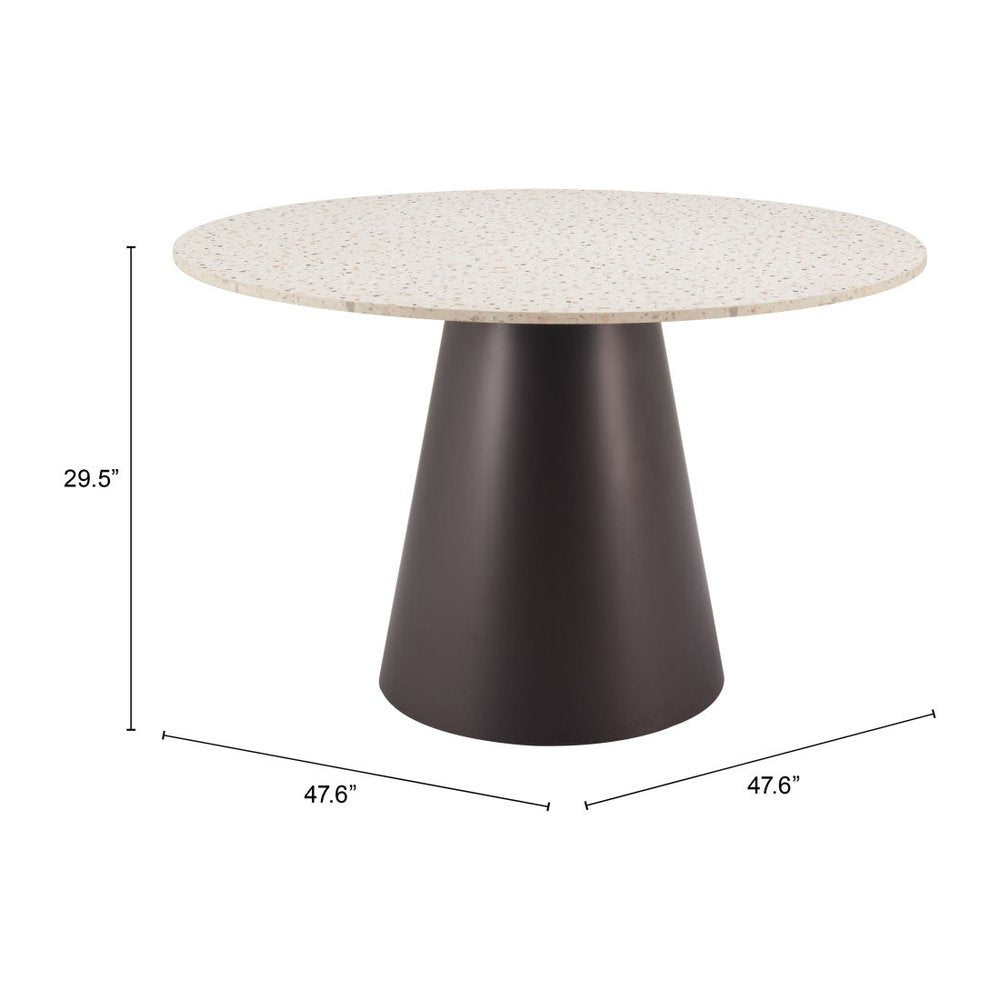 48" Beige and Black Wood and Steel Faux Terrazzo Round Top Dining Table