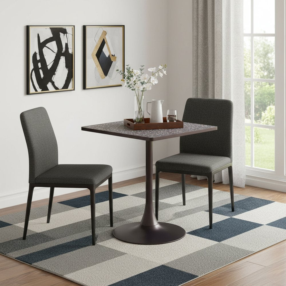 24" Black Wood and Steel Faux Terrazzo Pedestal Base Square Dining Table