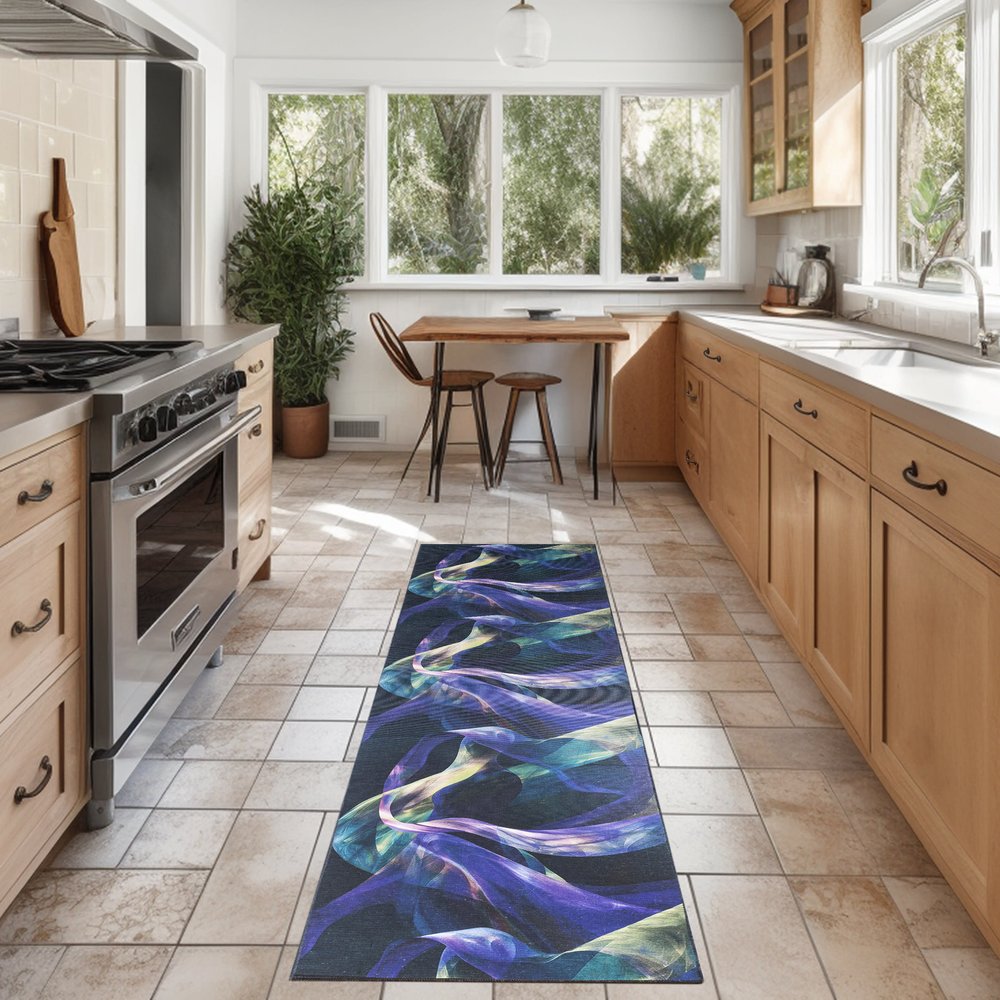 10' Blue Abstract Power Loom Non Skid Runner Rug