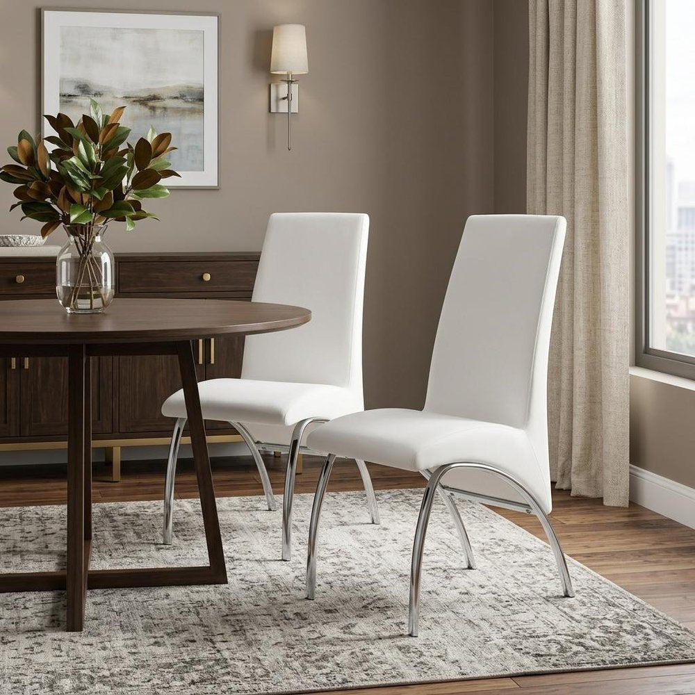 Set of Two White and Silver Faux Leather Dining Side Chairs