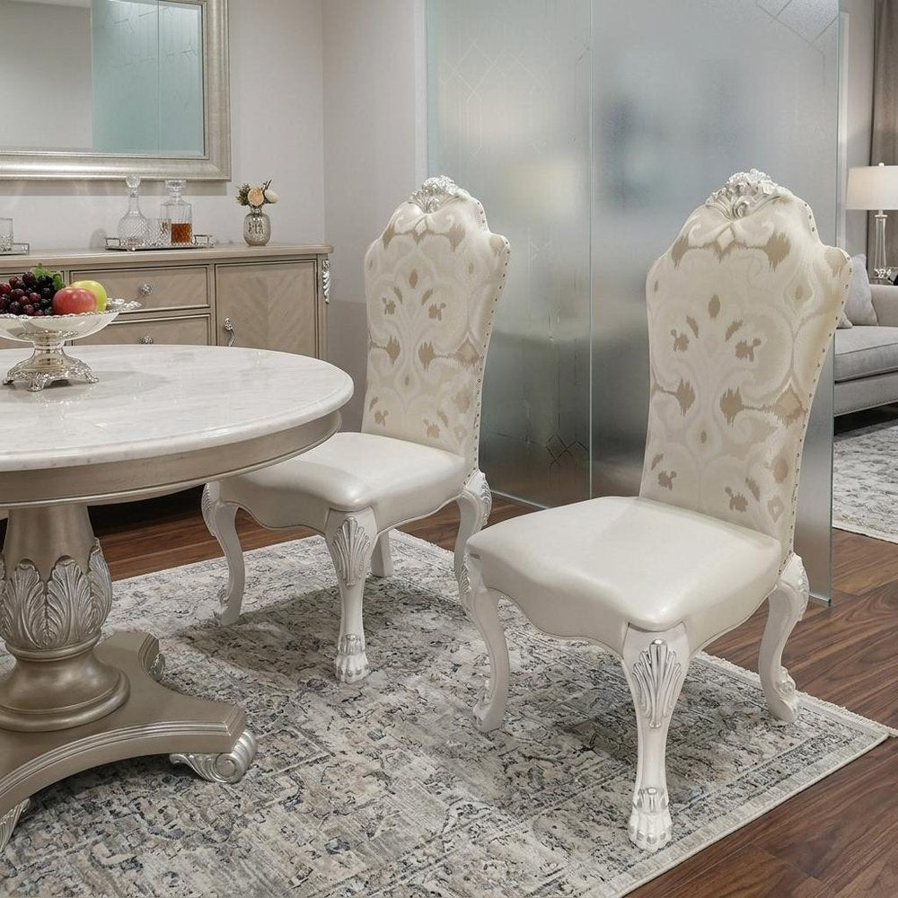 Set of Two White Tufted Fabric Dining Side Chairs