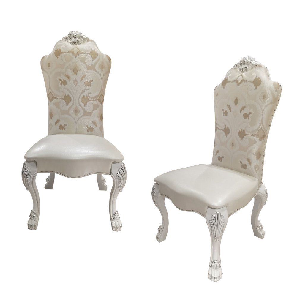 Set of Two White Tufted Fabric Dining Side Chairs