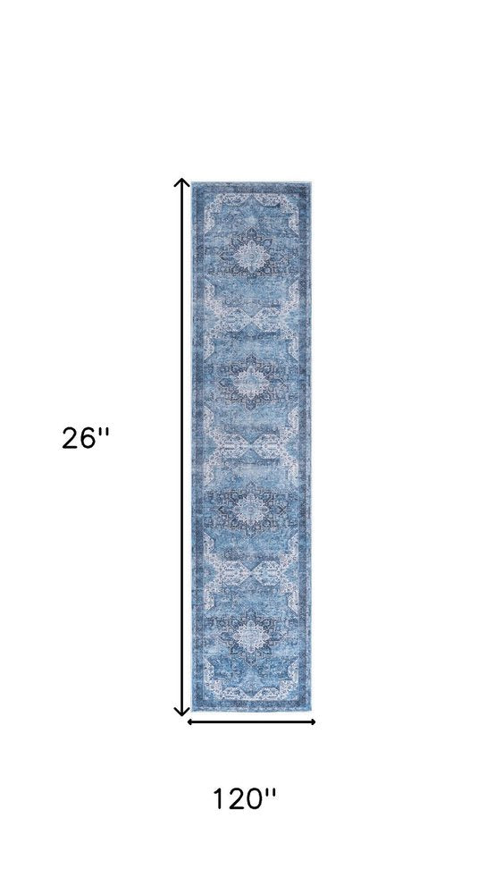 10' Blue Floral Distressed Runner Rug