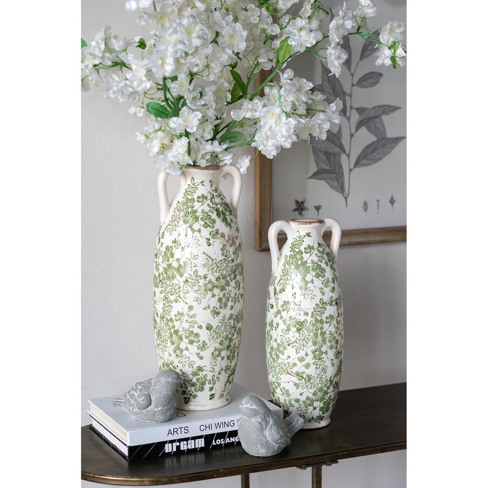14" Green And White Leaf Ceramic Amphora Table Vase