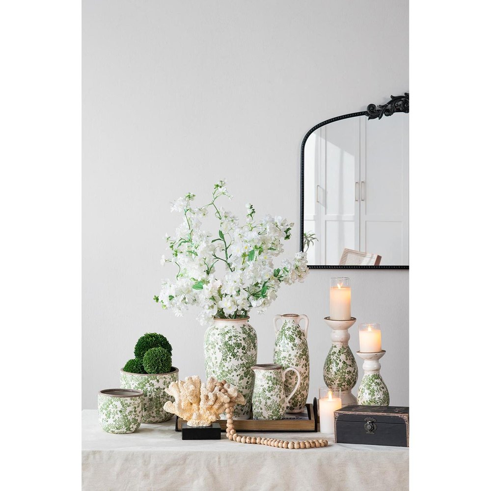 14" Green And White Leaf Ceramic Amphora Table Vase