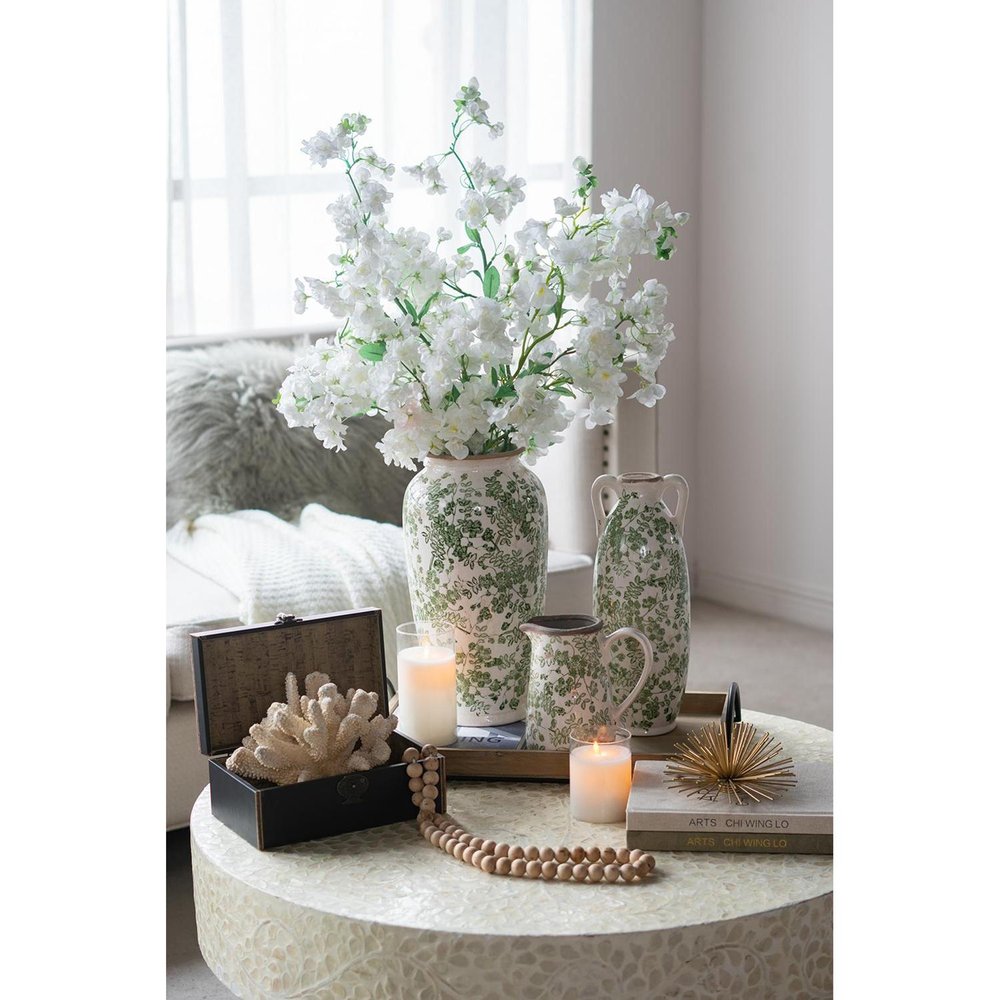 14" Green And White Leaf Ceramic Amphora Table Vase