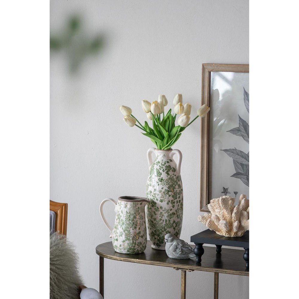 14" Green And White Leaf Ceramic Amphora Table Vase
