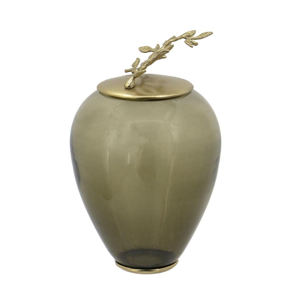 14" Dark Green And Gold Glass And Metal Round Ginger Jar