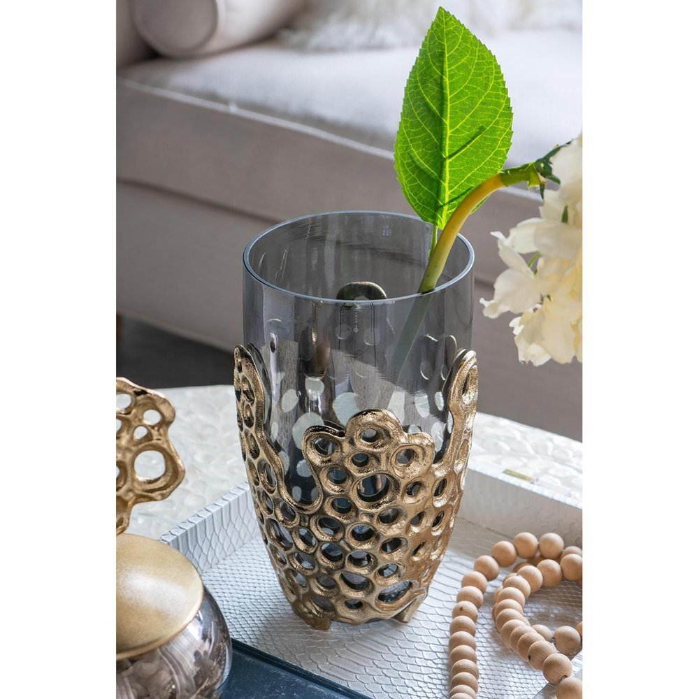 11" Black And Gold Glass And Aluminum Geo Circles Table Vase