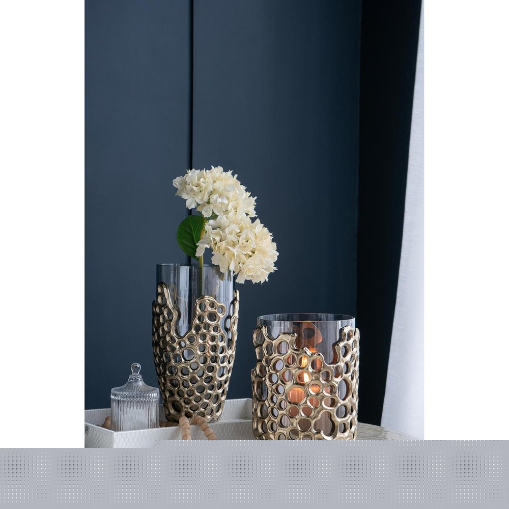 15" Black And Gold Aluminum And Glass Cylinder Table Vase