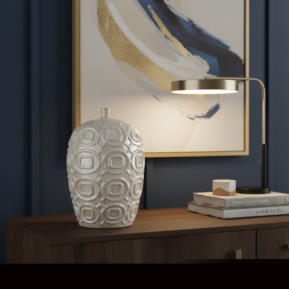 20" Cream Geometric Ceramic Bud Table Vase