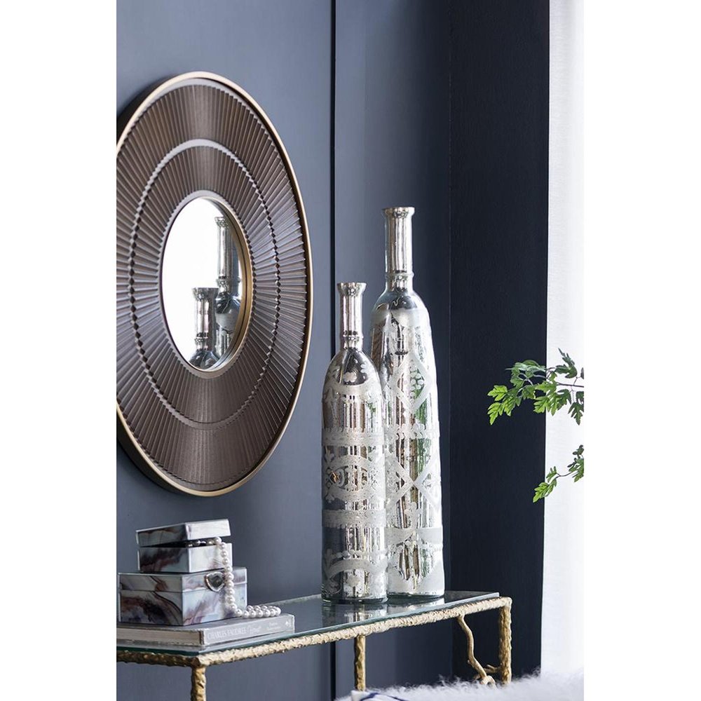 30" Antiqued Silver Floral Glass Bottle Table Vase