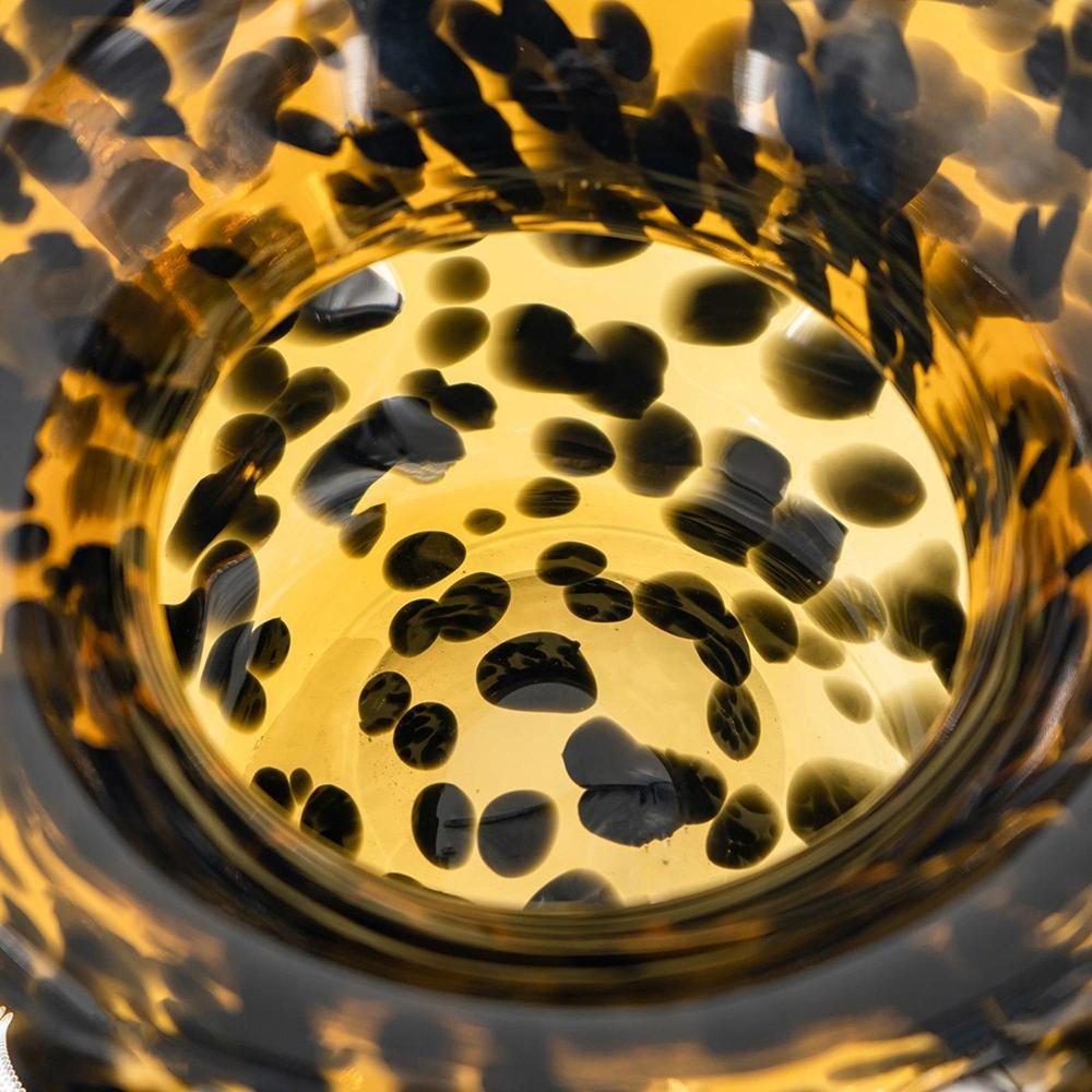 4" Amber And Black Cheetah Animal Print Glass Round Table Vase