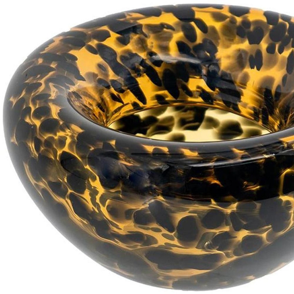 4" Amber And Black Cheetah Animal Print Glass Round Table Vase