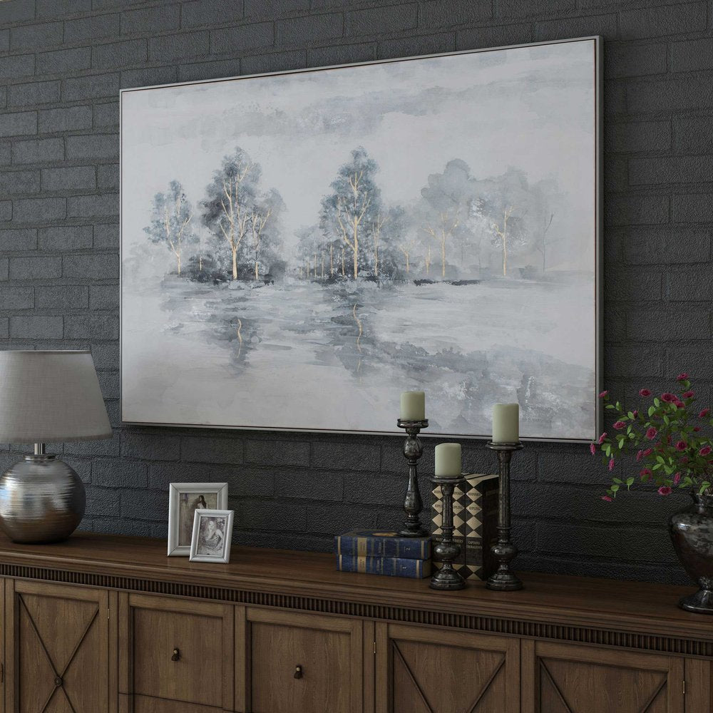 Winter's Woods Hand Painted Silver Floater Frame Wall Art