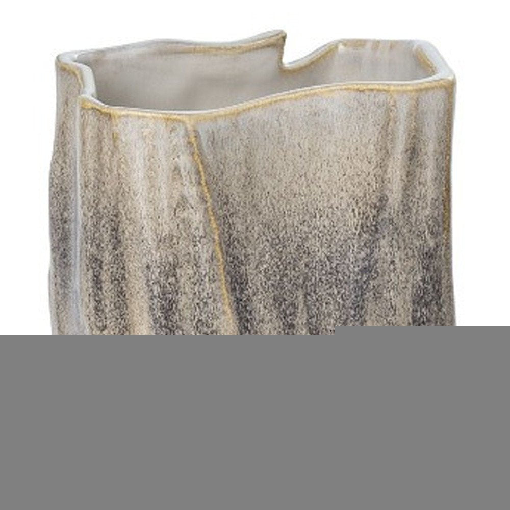 12" Brown Light Blue And Off White Color Block Square Ceramic Table Vase