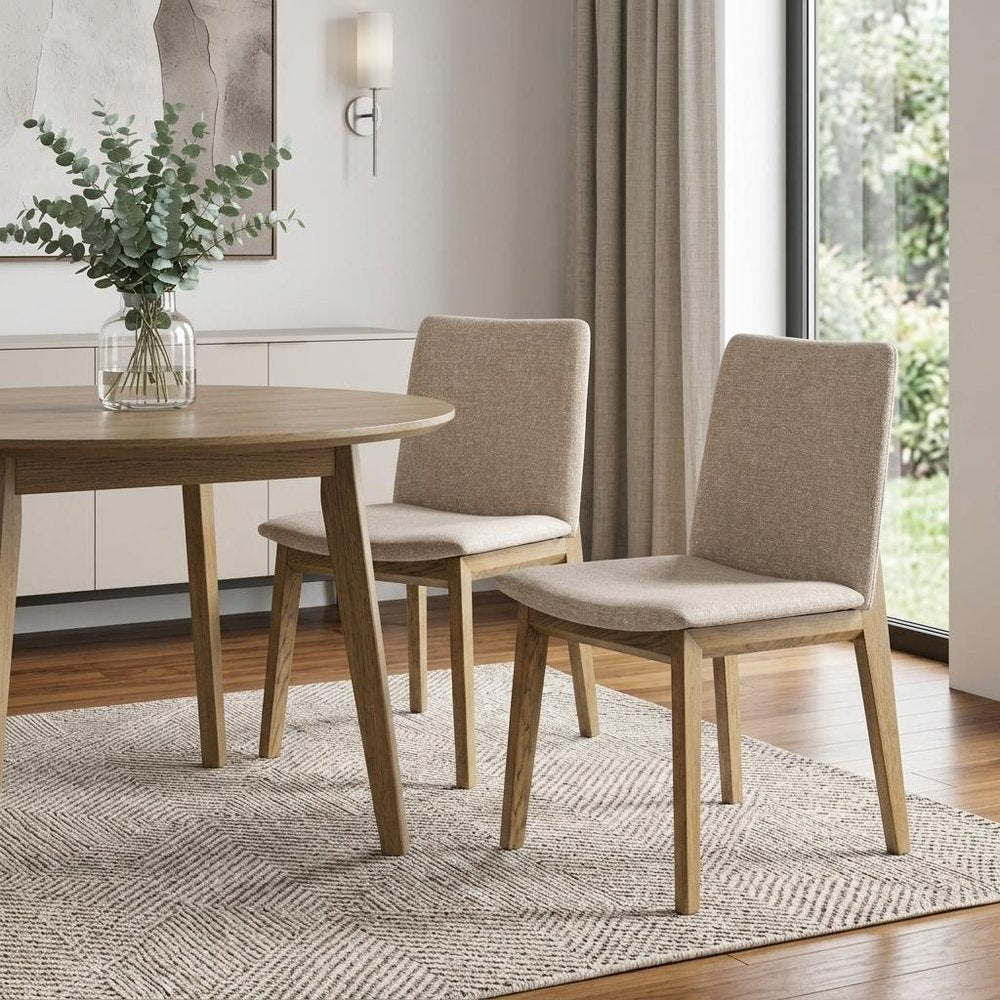 Set of Two White and Brown Fabric Open Back Dining Side Chairs