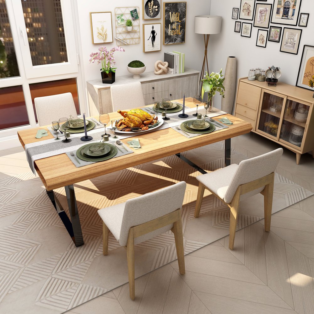 Set of Two White and Brown Fabric Open Back Dining Side Chairs