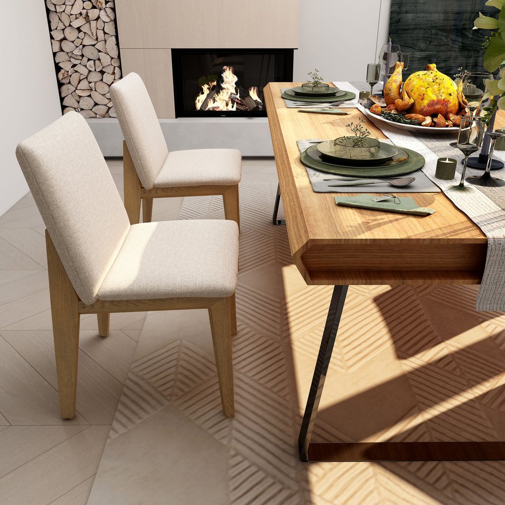 Set of Two White and Brown Fabric Open Back Dining Side Chairs