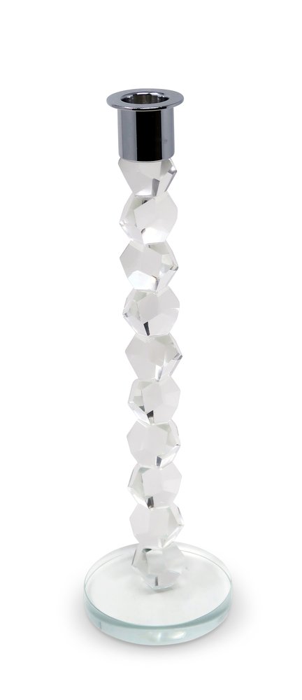 11" Clear And Silver Geo Stacks Crystal Tabletop Taper Candlestick