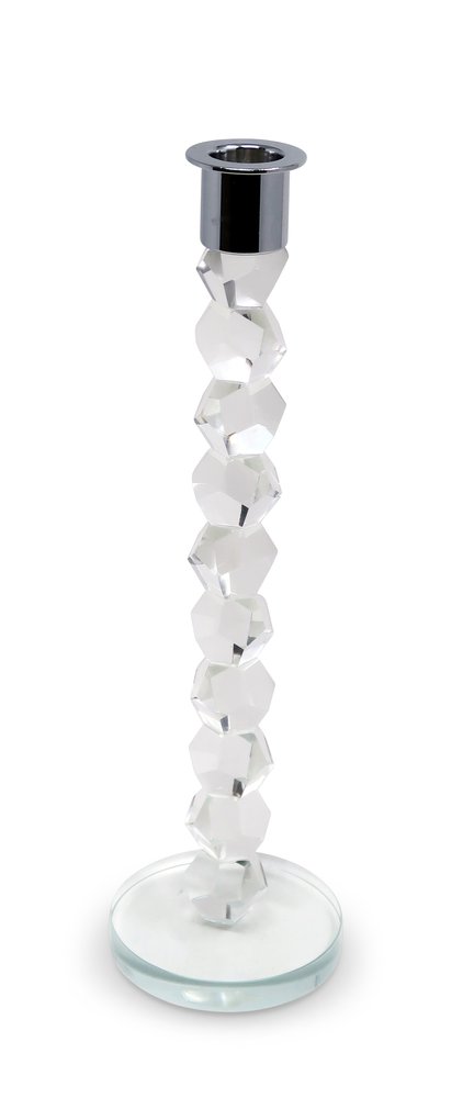 11" Clear And Silver Geo Stacks Crystal Tabletop Taper Candlestick
