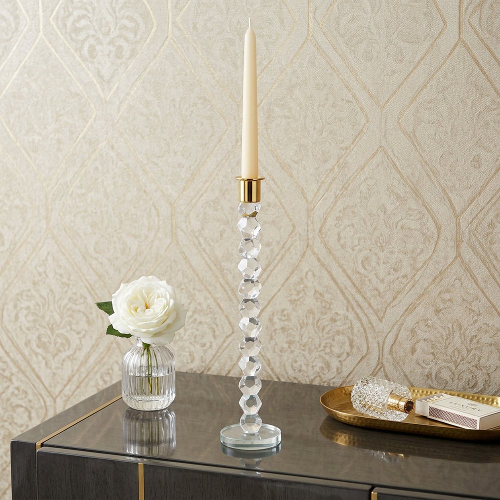 14" Clear And Gold Geo Stacks Crystal Tabletop Taper Candlestick