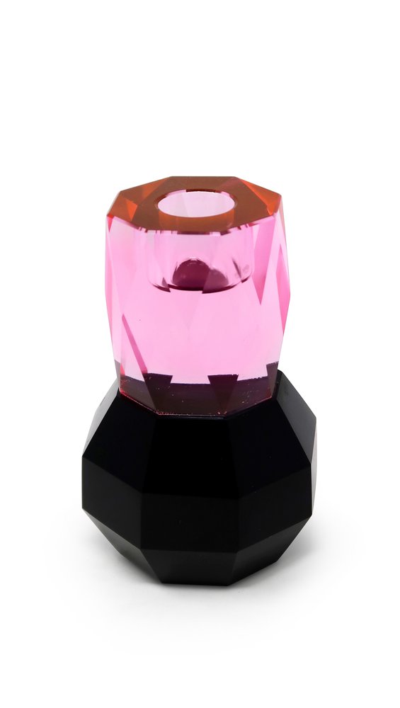 5" Pink And Black Faceted Crystal Tabletop Taper Candlestick