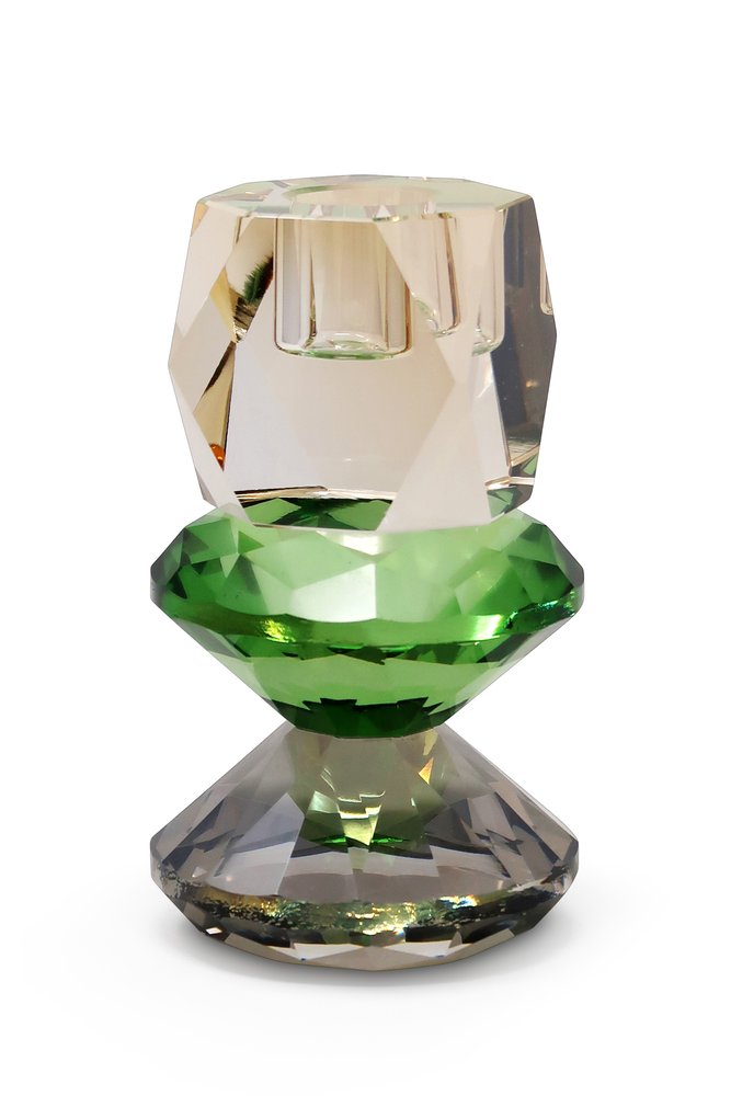 5" Amber Green And Smoky Black Faceted Crystal Tabletop Taper Candlestick