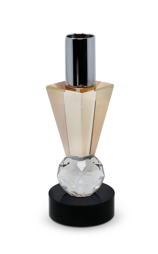 6" Silver Amber Clear And Black Faceted Crystal Tabletop Taper Candlestick