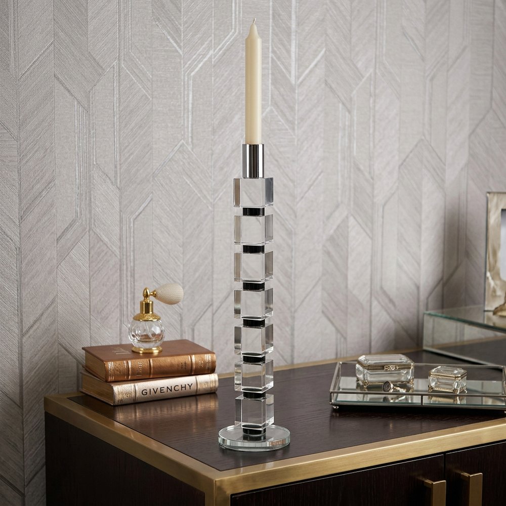 15" Silver Clear And Black Crystal Tabletop Taper Candlestick