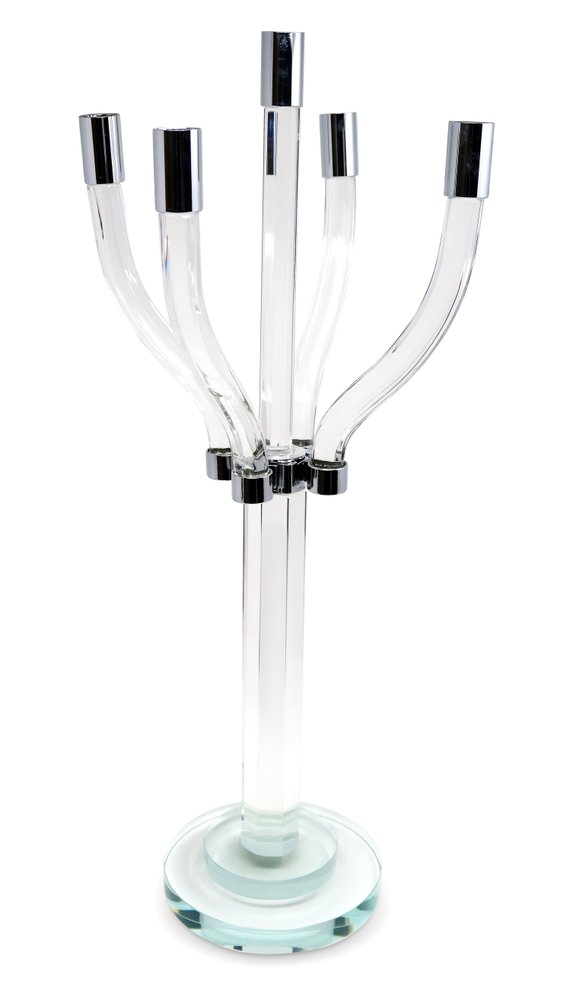 20" Clear And Silver Crystal Tabletop Contempo Candelabra Candle Holder