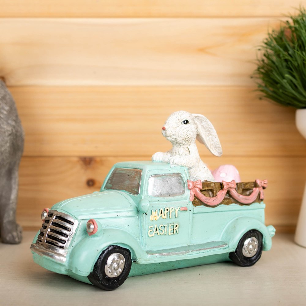 10" Aqua Resin Happy Easter Bunny And Car Figurine