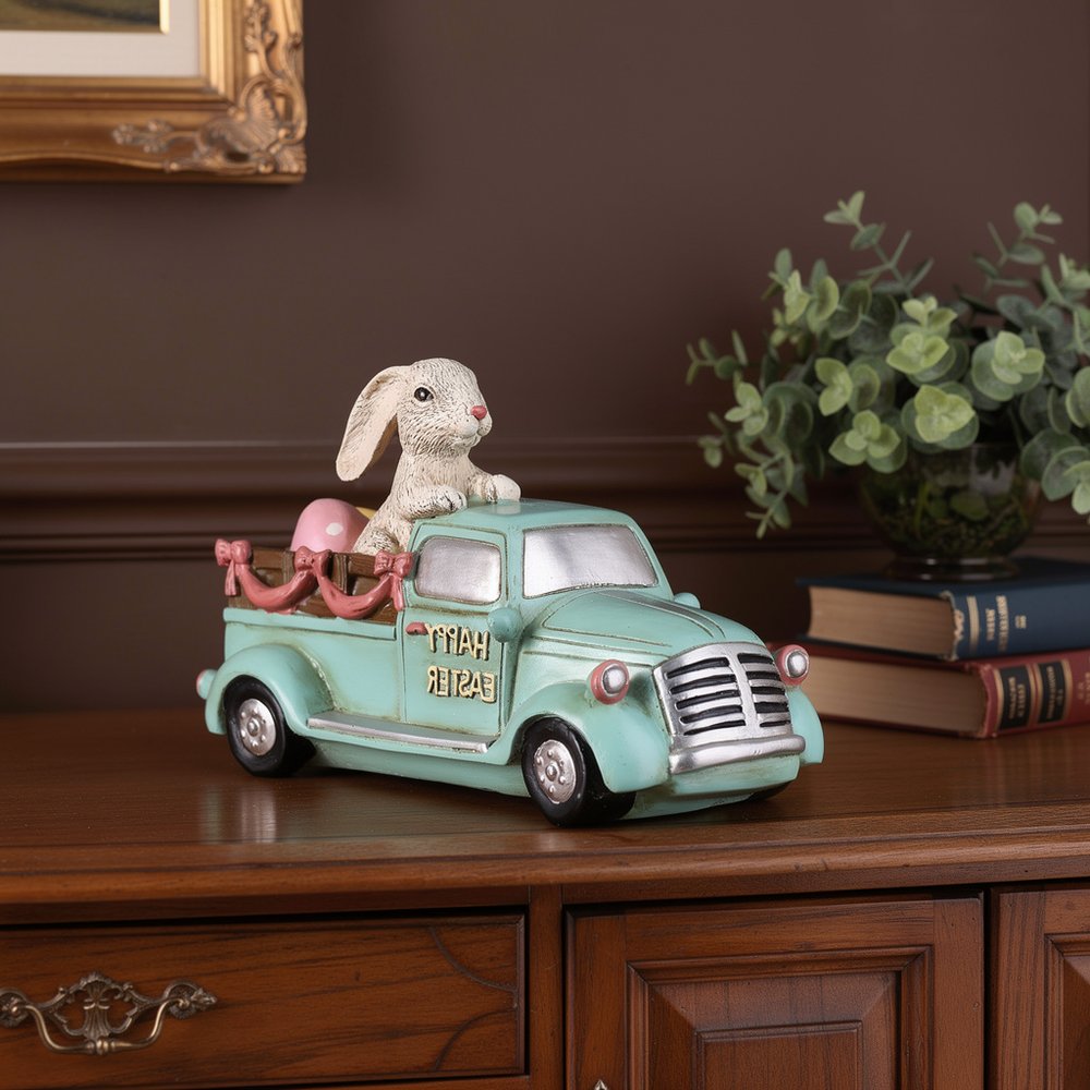 10" Aqua Resin Happy Easter Bunny And Car Figurine